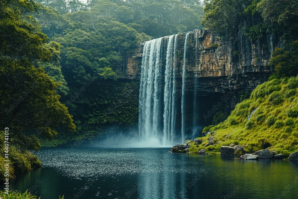 Fototapeta premium Majestic waterfall cascading into a serene pool in Australian wilderness at dawn, Wildlife conservation in Tasmania Australia Nature landscape
