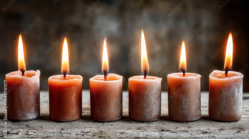 Six lit candles in a row with warm glowing flames on rustic surface Six lit candles in a row with warm glowing flames on rustic surface