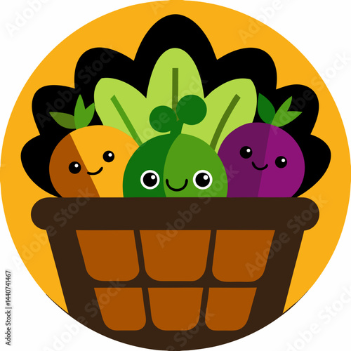 Cute cartoon animal illustration of a happy dog and cat, with the dog also appearing funny in a basket and a hat for added fun