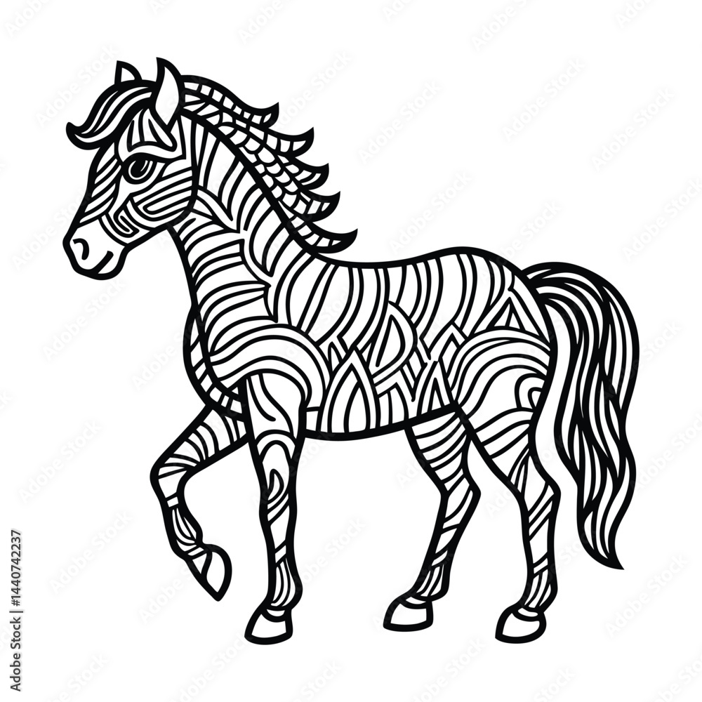 Fototapeta premium Decorative Line Art Style Horse Illustration for Coloring and Creative Projects