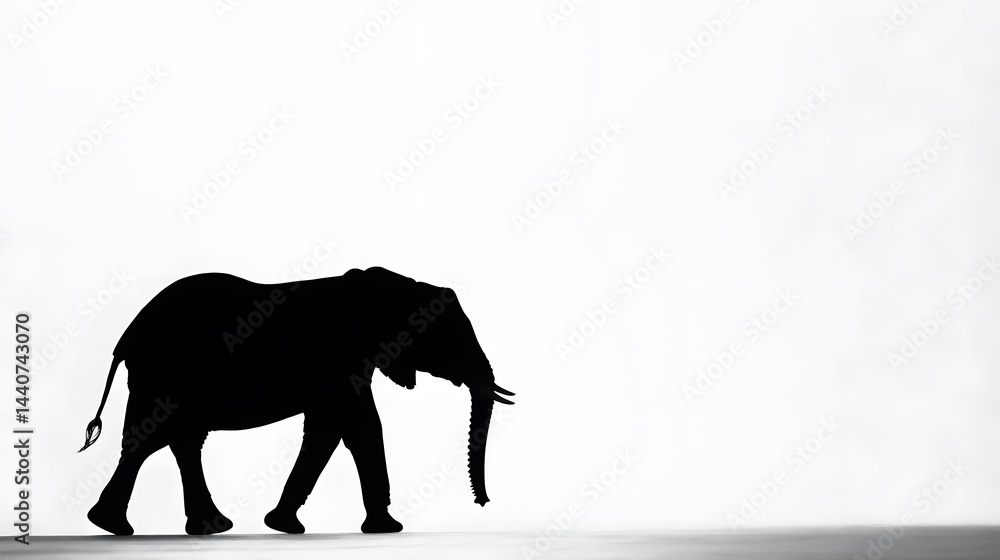 Fototapeta premium Silhouette of an elephant walking against a bright white background. The image is stark and graphic, emphasizing the animal's shape and form.