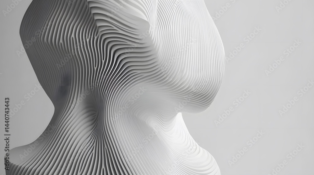 Fototapeta premium Abstract white sculpture with layered, flowing lines creating a dynamic, organic form against a minimalist background. Modern art, 3D rendering.