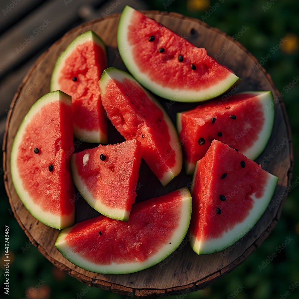 Fresh Watermelon Slices on Picnic Table - Summer Night Chill Fresh Watermelon Slices on Picnic Table - Summer Night Chill