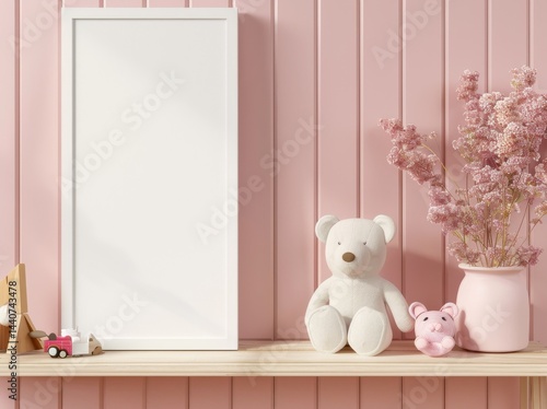White framed poster in mockup style surrounded by curte toys.