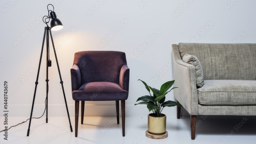 Stylish Room Corner Tripod Floor Lamp Accent Chair Plant Vignette