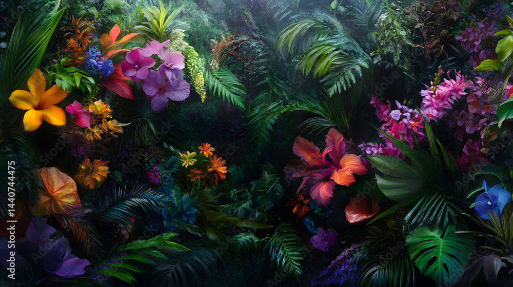 An exotic jungle filled with rare tropical flowers in full bloom. An exotic jungle filled with rare tropical flowers in full bloom.