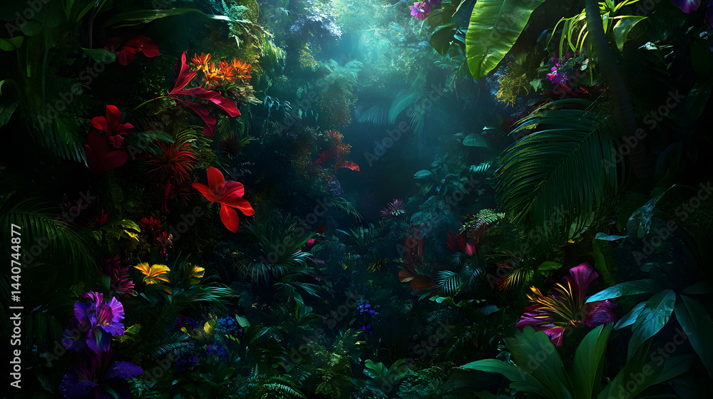 Fototapeta premium An exotic jungle filled with rare tropical flowers in full bloom.