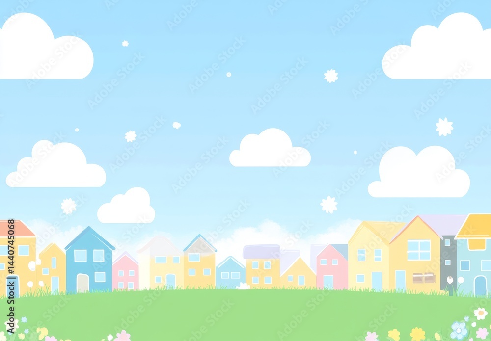 Pastel colored houses on a grassy hill under a light blue sky with white clouds Pastel colored houses on a grassy hill under a light blue sky with white clouds