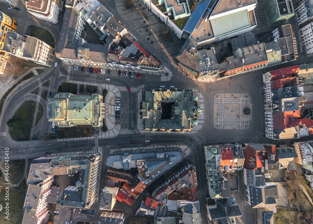 Panoramic aerial view directly above the old town main square and city hall of Liberec, Czech Republic.