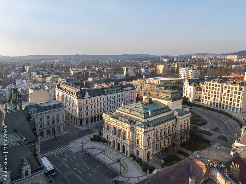 Skyline cityscape of Liberec, Czech Republic. Panoramic aerial view of F. X. Šalda Theater (Divadlo F. X. Šaldy) at sunset