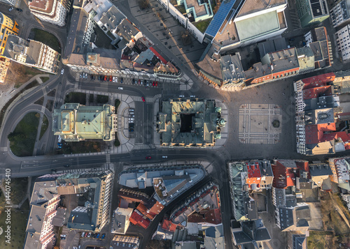 Panoramic aerial view directly above the old town main square and city hall of Liberec, Czech Republic. 
