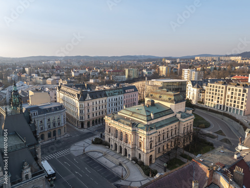 Skyline cityscape of Liberec, Czech Republic. Panoramic aerial view of F. X. Šalda Theater (Divadlo F. X. Šaldy) at sunset
