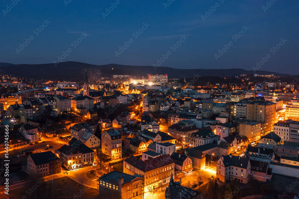 Evening skyline cityscape of Liberec, Czech Republic. Panoramic aerial view at night