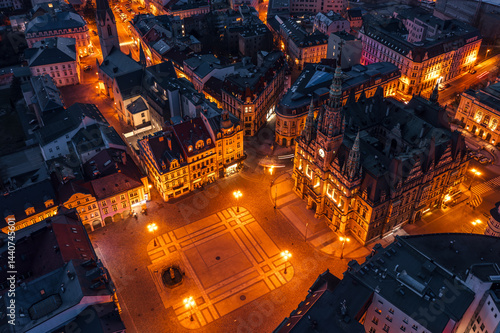 Obraz na płótnie Evening skyline cityscape of Liberec, Czech Republic. Panoramic aerial view of the old town (staré město): main square and city hall at night w salonie