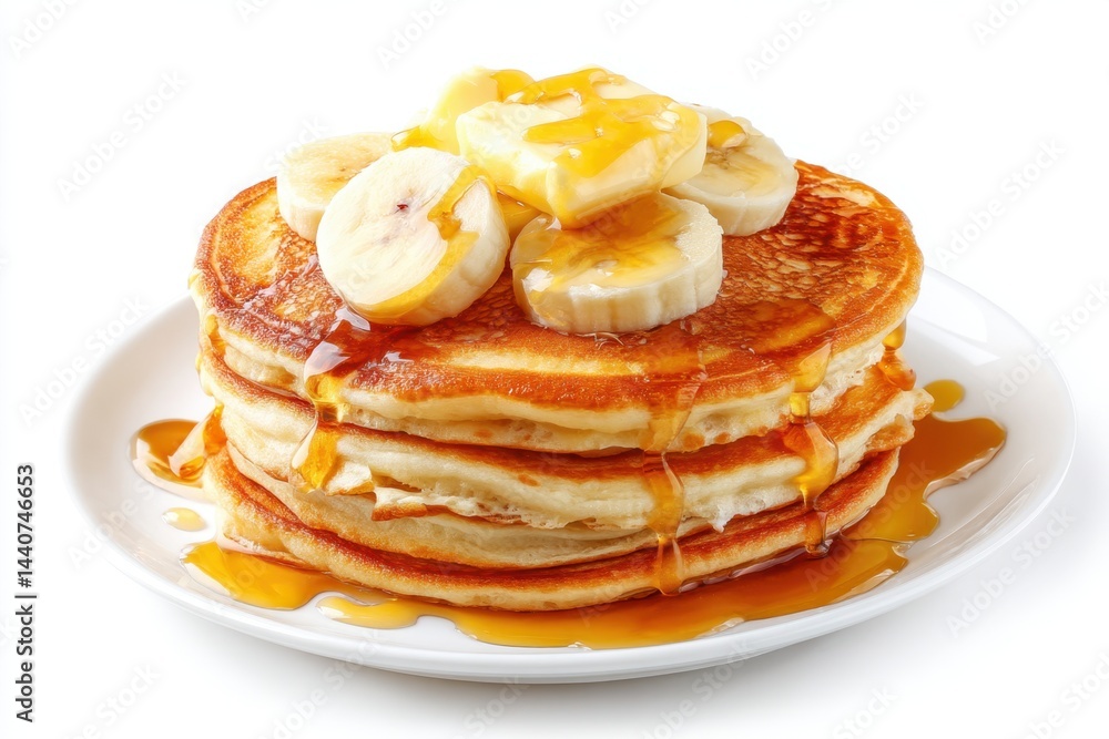 Delicious stack of golden pancakes topped with fresh banana slices and dripping maple syrup on a white plate capturing a warm and inviting breakfast scene Delicious stack of golden pancakes topped with fresh banana slices and dripping maple syrup on a white plate capturing a warm and inviting breakfast scene