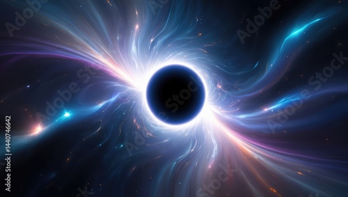 Black hole exploding light waves in cosmos, galactic vortex, brilliant star field, gravitational distortion, colorful astrophysical phenomena. Generative AI.