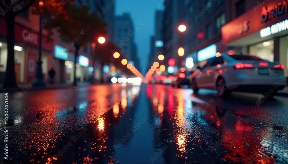 Abstract late-night city lights reflecting on wet pavement , night, texture Abstract late-night city lights reflecting on wet pavement , night, texture