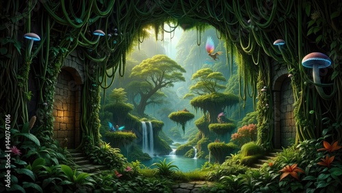 Magical lush forest clearing, glowing trees, giant mushrooms, fairy lights, enchanted secret place, fantasy nature realm. Generative AI.