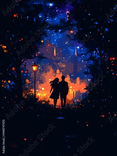 Couple Walking in Park with City Background Art