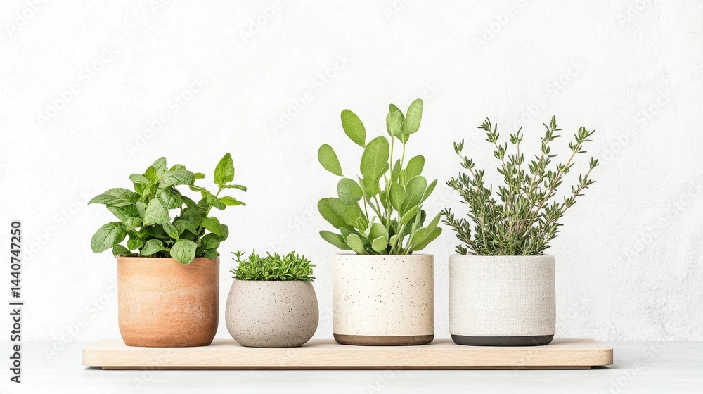 Four potted herbs on a wooden tray against a white background. Mint, oregano, microgreens, and thyme in speckled pots. Bright, natural light. Four potted herbs on a wooden tray against a white background. Mint, oregano, microgreens, and thyme in speckled pots. Bright, natural light.