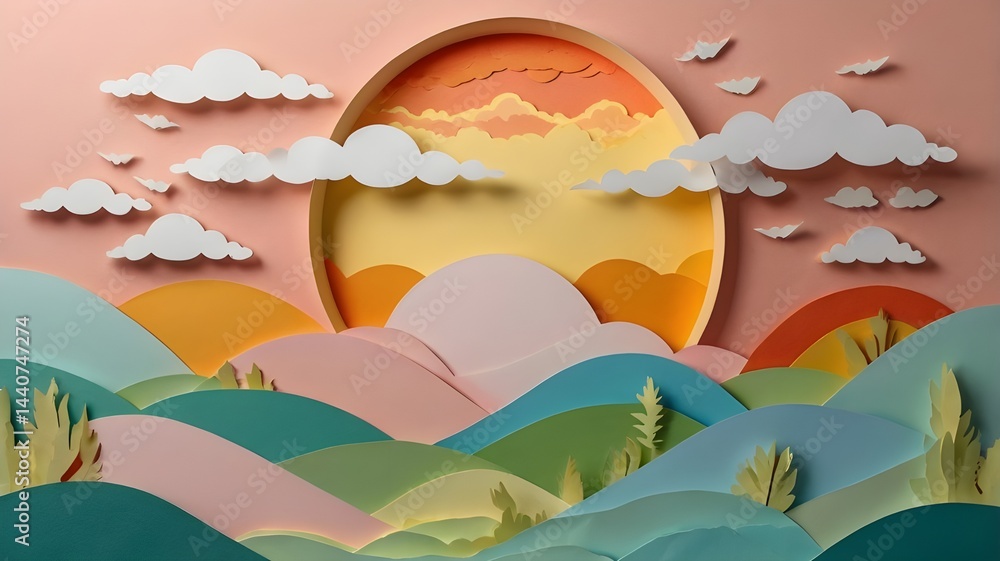 Wavy landscape paper art with a big yellow sun, white circles, colorful clouds and a turquoise background. Wavy landscape paper art with a big yellow sun, white circles, colorful clouds and a turquoise background.