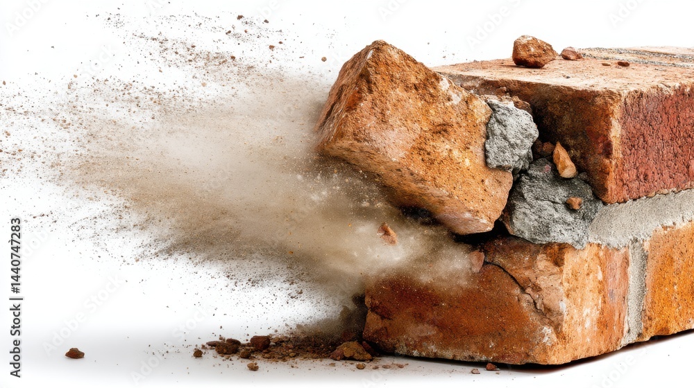 Fototapeta premium Dramatic Brick Breakage Against White Backdrop Capturing Motion and Destruction in Studio Shot
