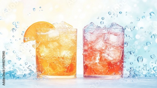 Two glasses of refreshing iced beverages with orange slices and ice cubes, surrounded by splashing water droplets on a bright background.