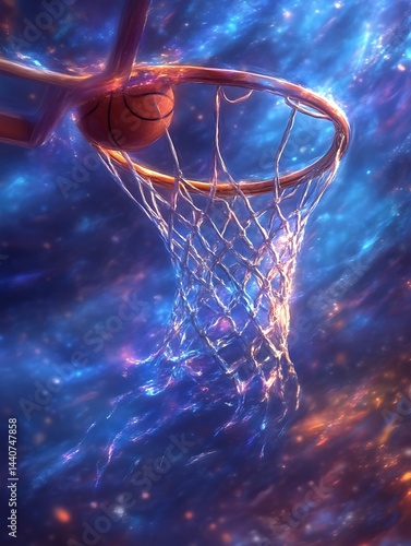 Basketball Going Through Hoop with Abstract Galaxy Background