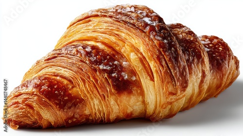 a close-up of a golden brown croissant with flaky layers on a white isolated background, buttery and indulgent design