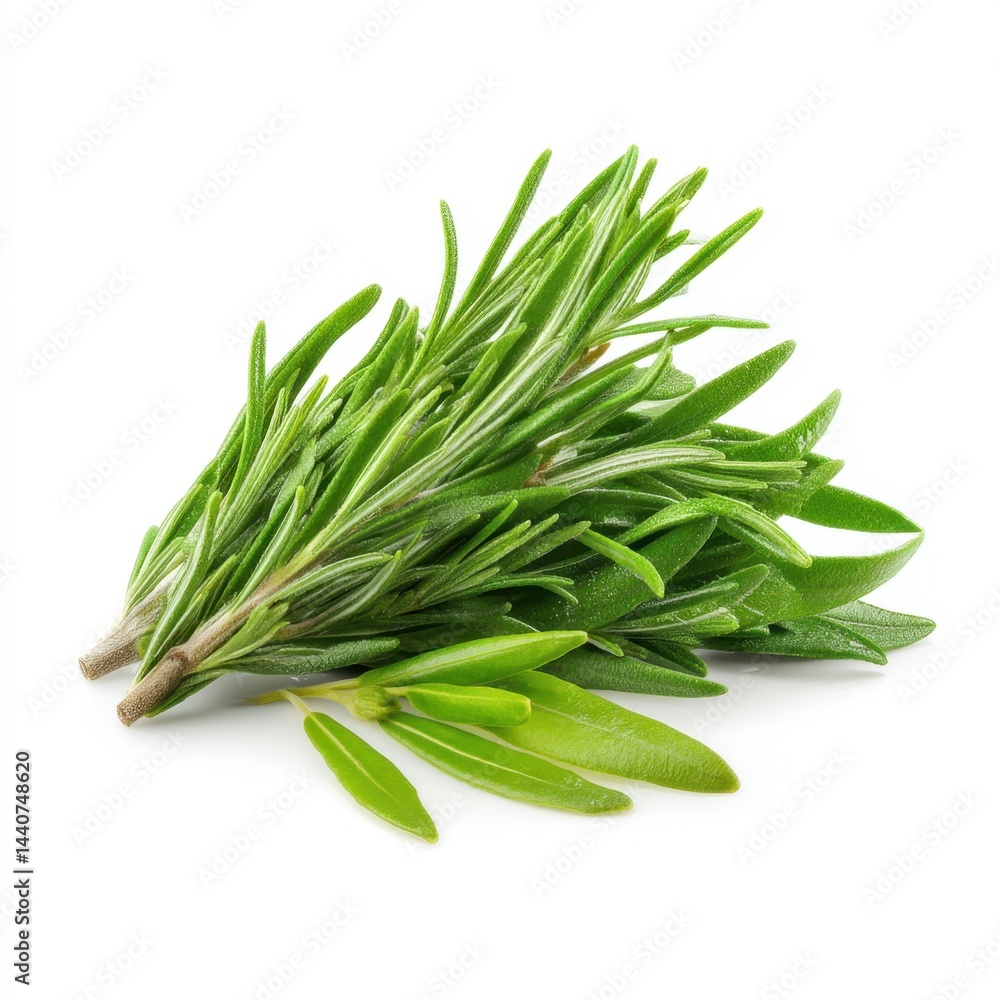 Fototapeta premium Fresh rosemary sprigs on a clean white background showcasing vibrant green hues and delicate leaf texture culinary herb aromatic spice kitchen ingredient