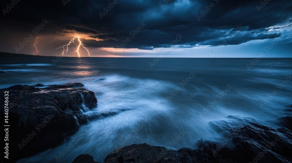 Fototapeta premium Stormy Sea with Lightning Strikes at Dusk, Dark Clouds Over Waves and Rock Formations
