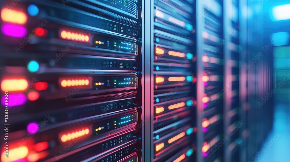 Close-up of vibrant illuminated server racks with colorful red, blue, and purple lights, ideal for technology, cybersecurity, cloud computing, and futuristic network visuals Close-up of vibrant illuminated server racks with colorful red, blue, and purple lights, ideal for technology, cybersecurity, cloud computing, and futuristic network visuals