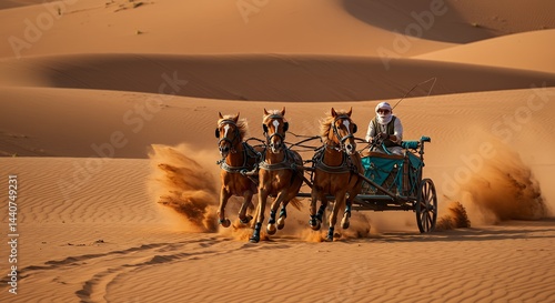 Horses pulling chariot across desert sands capturing action and travel