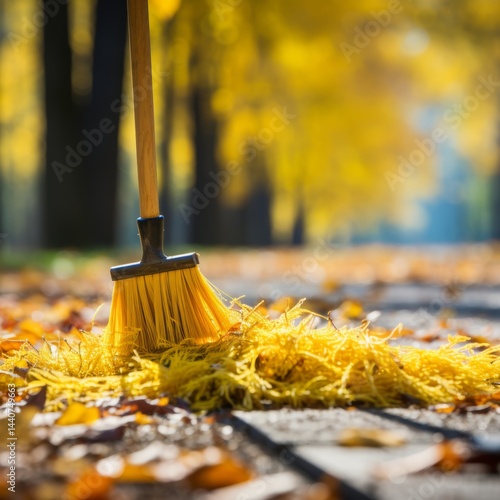 Wallpaper Mural Sweeping. Yellow Fallen Leaves In Autumn Park. Broom Sweeps Leaves On A Path In Sunny Day. Torontodigital.ca
