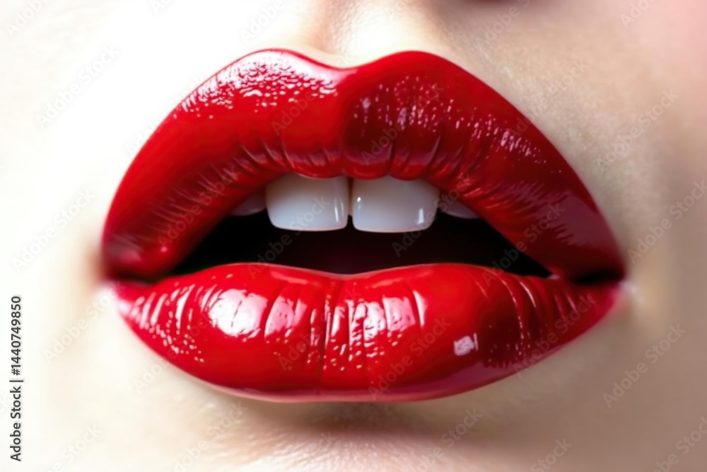 Obraz premium Close-up of luscious red lips, stark white backdrop, matte, studio shot, white background