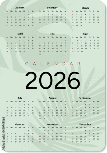 Vertical pocket calendar 2026 with tropical leaves