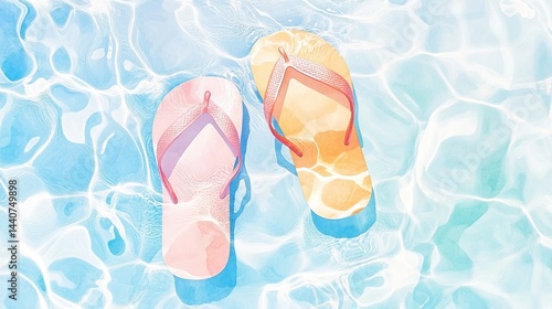 Pink and orange flip flops float on a turquoise watercolor style background, evoking summer vibes.