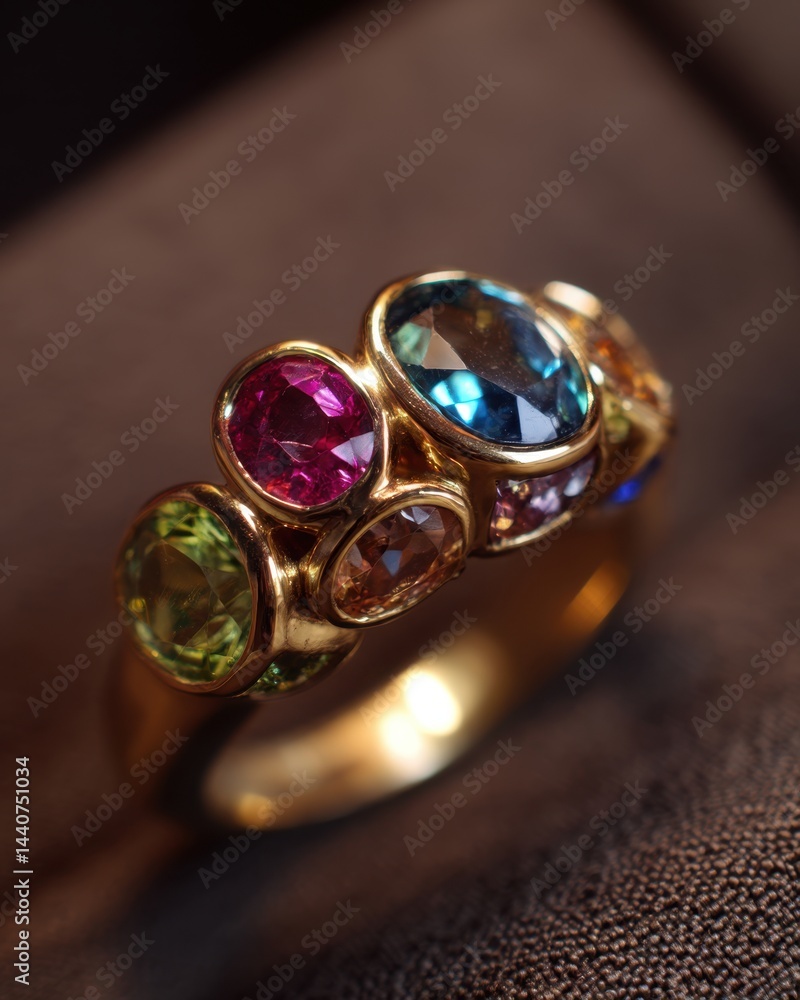 Luxurious gold ring adorned with vibrant gemstones in a close up shot showcasing elegance and beauty against a dark backdrop with soft lighting Luxurious gold ring adorned with vibrant gemstones in a close up shot showcasing elegance and beauty against a dark backdrop with soft lighting