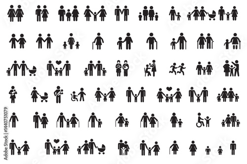 Family, relationship icon set. Vector glyph pictograms of couple, parent, child, elderly people, pregnancy, parenting, community, single mother, social care black silhouette.