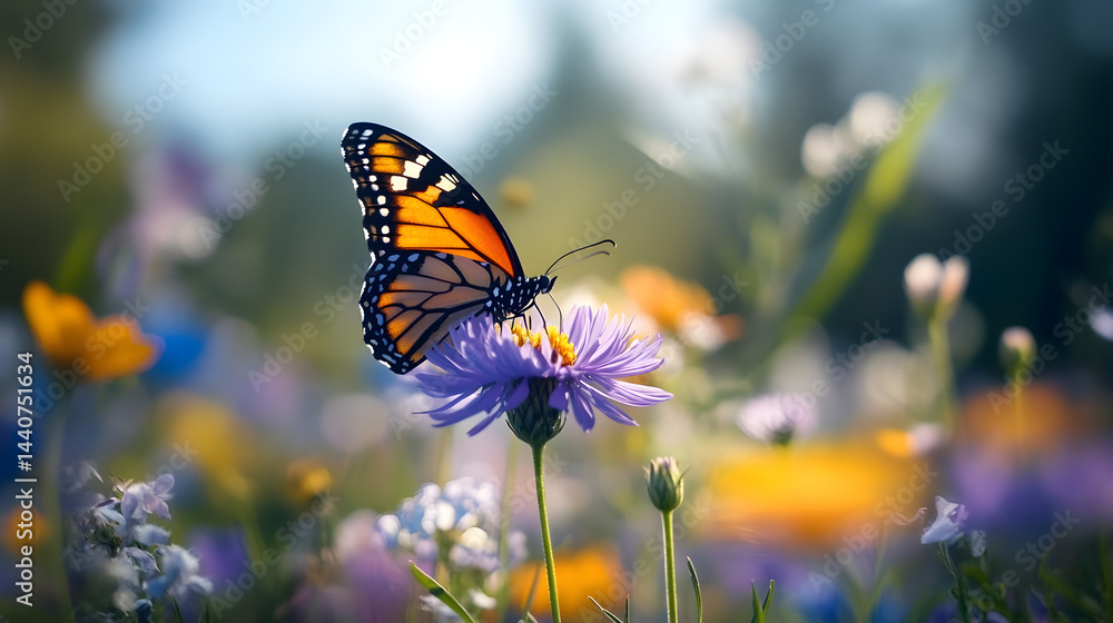 Fototapeta premium A butterfly alights on a vibrant violet flower in a field of colorful wildflowers under a bright blue sky, surrounded by gentle winds.