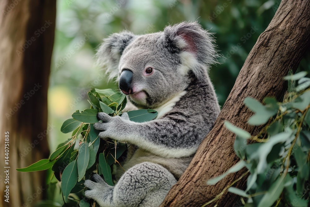 Obraz premium Koala bear eating fresh eucalyptus leaves in an Australian forest during daylight hours, Fauna of Australia Koala bear eating fresh tree leaves