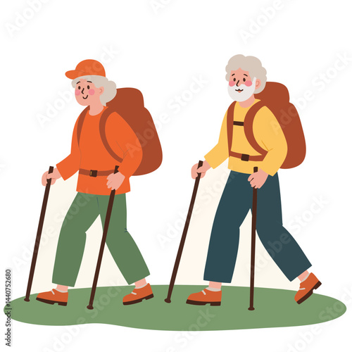 Elderly hikers with backpacks. Senior group hiking outdoors. Retired people trekking with backpacks. Active elderly walking in nature. Elderly set