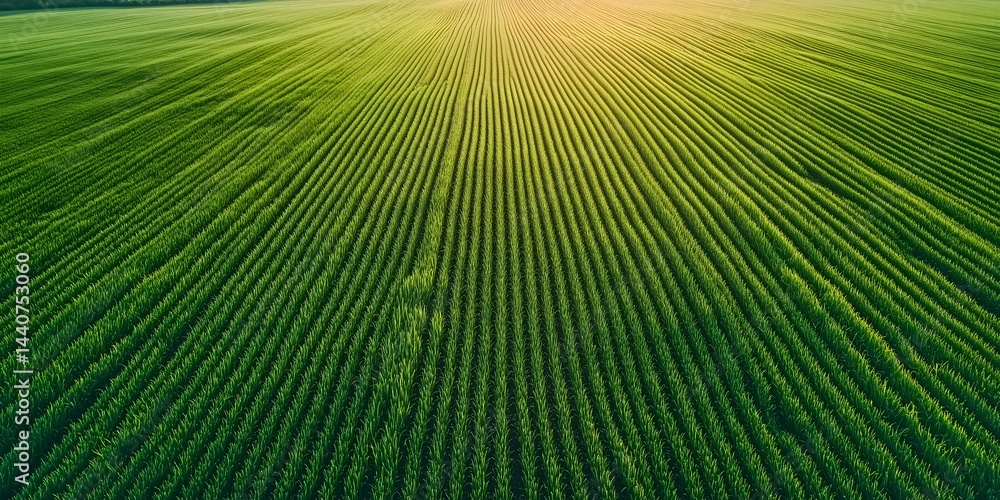 Obraz premium Green Field at Sunset: Aerial view of a vast, vibrant green field stretching to the horizon, bathed in the golden light of the setting sun. The parallel rows of crops create a mesmerizing pattern. 