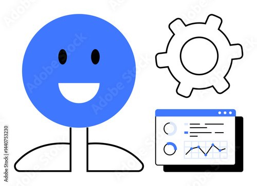 Minimalist design of a smiling blue circle character, gear, and analytics dashboard. Ideal for teamwork, productivity, technology, data analysis, collaboration workflow innovation. Flat simple