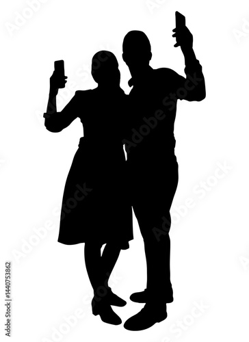 Man and woman make selfies on phone, silhouette. Vector illustration.