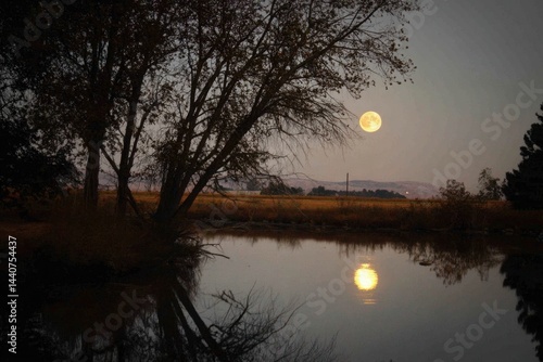Serene full moon nightscape over tranquil pond reflecting celestial glow among silhouette trees rural landscape capturing nature's beauty