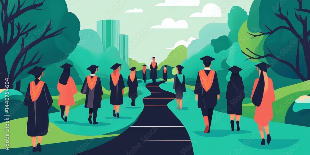 Obraz premium Diverse young adults in graduation attire walking on scenic pathway