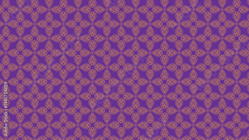 Seamless traditional Thai gold pattern on a deep purple background, featuring intricate Kanok and Prajam Yam designs, perfect for fabric prints, wallpapers, wedding backdrops, and elegant Thai-inspire