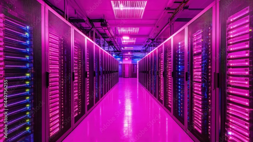 Fototapeta premium Futuristic data center with bright neon pink and purple illuminated server racks, ideal for technology, cloud computing, cybersecurity, digital storage, and network infrastructure visuals