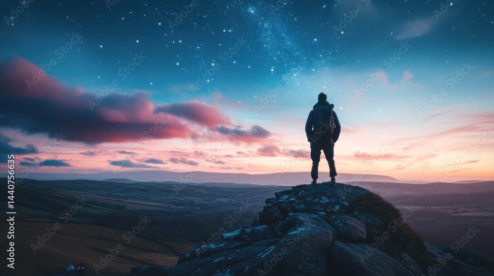 A person standing on a mountain peak under a starry sky. A beautiful sunset adds color to the scene, creating a peaceful atmosphere. A person standing on a mountain peak under a starry sky. A beautiful sunset adds color to the scene, creating a peaceful atmosphere.